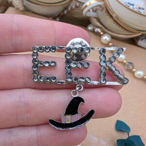 Vintage EEK Silver Tone Rhinestone Pin with Enamel Witch's Hat Charm